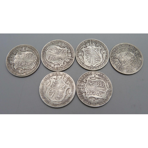 1076 - Six pre 1920 half-crowns, Victoria 1898, five Edward VII 1906-1907-1912-1915-1916, 83.6g