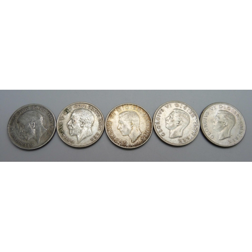 1078 - Five half-crowns, 1928-1929-1944 and 2x 1945, 70.7g