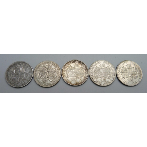 1078 - Five half-crowns, 1928-1929-1944 and 2x 1945, 70.7g