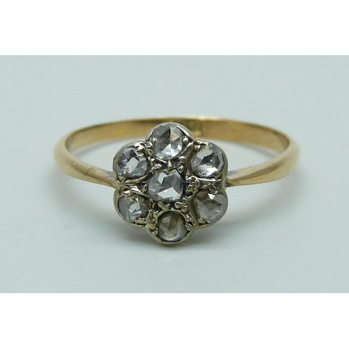 1102 - An antique 18ct gold rose diamond cluster ring, 1.6g, N