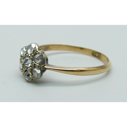 1102 - An antique 18ct gold rose diamond cluster ring, 1.6g, N