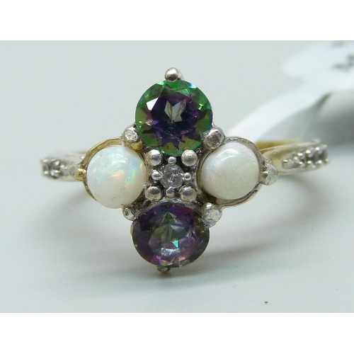 1107 - A silver gilt mystic topaz and opal cluster ring, L