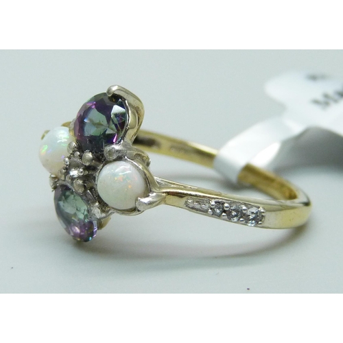 1107 - A silver gilt mystic topaz and opal cluster ring, L