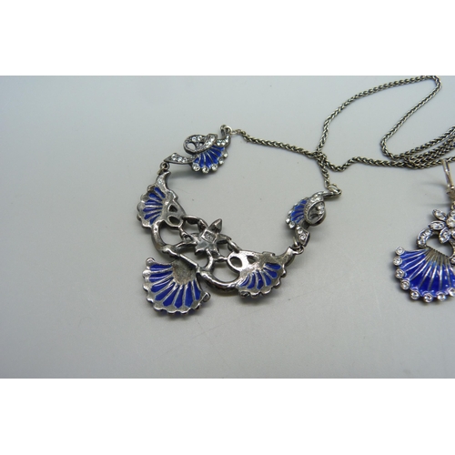 1144 - A Dutch silver, enamel and paste necklace and earrings