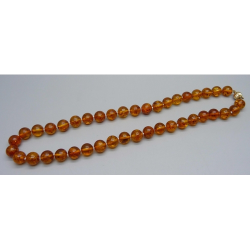 1147 - An amber necklace with 9ct gold fastener