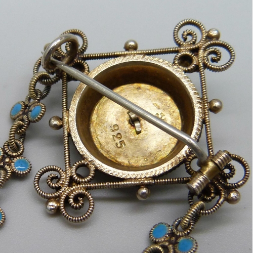 1176 - A Norwegian silver and enamelled drop brooch, 16cm