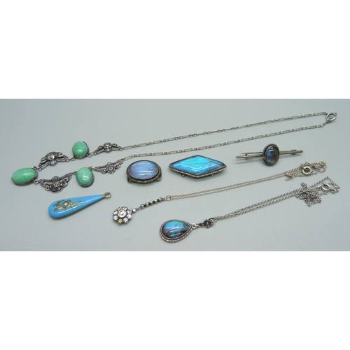 1180 - An Art Deco silver and jadeite necklace, butterfly wing silver set jewellery and two pendants