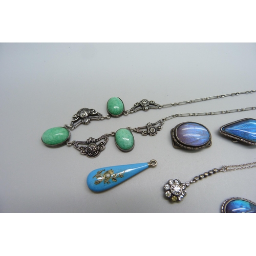 1180 - An Art Deco silver and jadeite necklace, butterfly wing silver set jewellery and two pendants