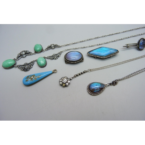 1180 - An Art Deco silver and jadeite necklace, butterfly wing silver set jewellery and two pendants