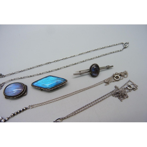 1180 - An Art Deco silver and jadeite necklace, butterfly wing silver set jewellery and two pendants