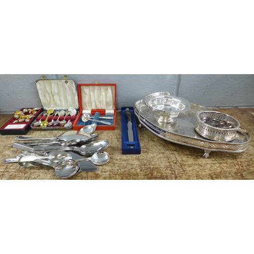 1189 - A plated gallery tray, a plated basket, flatware, etc.