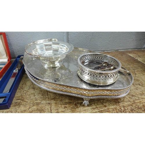 1189 - A plated gallery tray, a plated basket, flatware, etc.