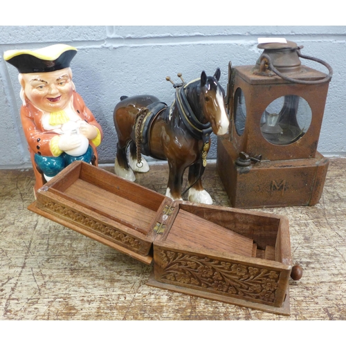 1195 - A Toby jug, a Shire horse, an Indian carved box and a railway lamp **PLEASE NOTE THIS LOT IS NOT ELI... 