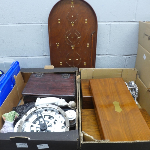 1203 - A wooden bagatelle board, wooden boxes, artist materials, clock, etc. **PLEASE NOTE THIS LOT IS NOT ... 