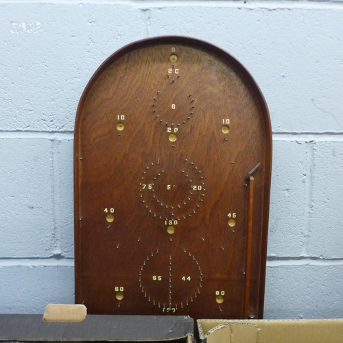 1203 - A wooden bagatelle board, wooden boxes, artist materials, clock, etc. **PLEASE NOTE THIS LOT IS NOT ... 