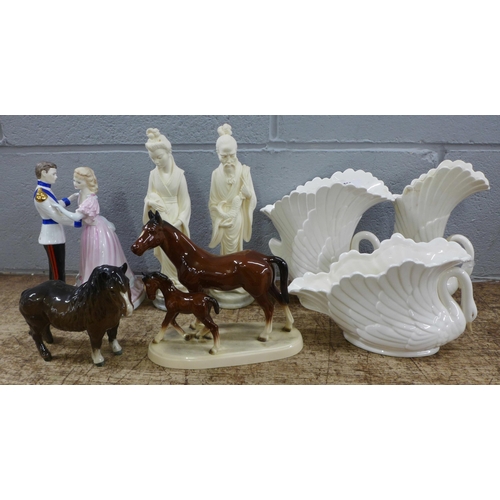 1206 - A Beswick pony, one other horse figure group, a Coalport figure, a/f, a pair of oriental figures and... 