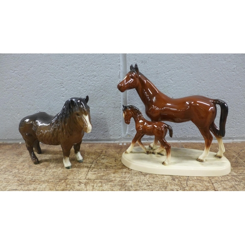 1206 - A Beswick pony, one other horse figure group, a Coalport figure, a/f, a pair of oriental figures and... 