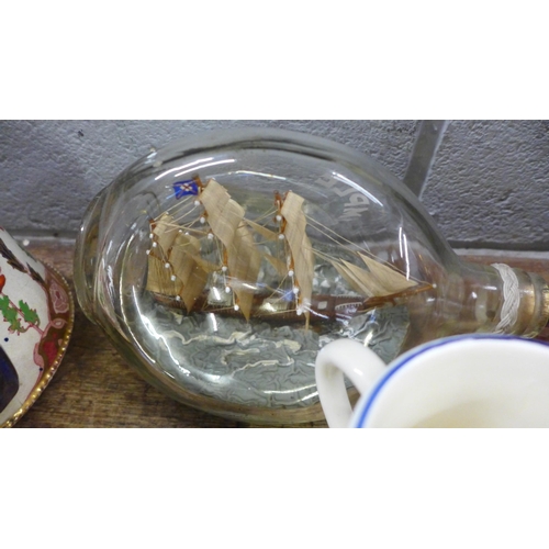 1211 - A collection of assorted china, brassware and a dimple ship in a bottle **PLEASE NOTE THIS LOT IS NO... 