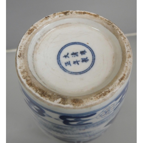 614 - A Chinese porcelain blue and white vase, decorated with figures, six character marks, crazed, lackin... 