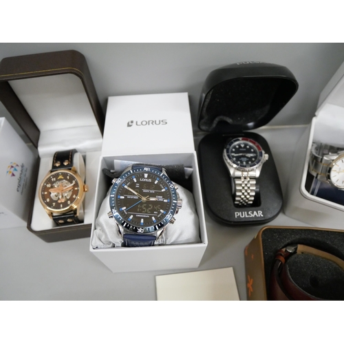 622 - Six boxed wristwatches; two Pulsar, Spitfire, Lorus, Fossil and Skagen