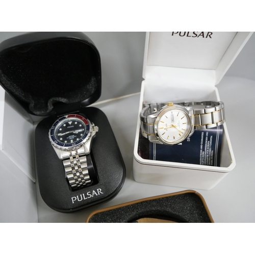622 - Six boxed wristwatches; two Pulsar, Spitfire, Lorus, Fossil and Skagen