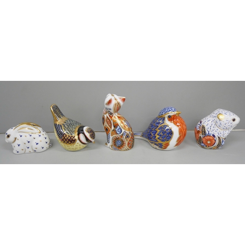 631 - Robin and Rabbit Royal Crown Derby paperweights and three others