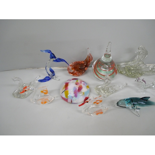 661 - Two glass paperweights and a collection of glass animals including Langham glass and Murano **PLEASE... 