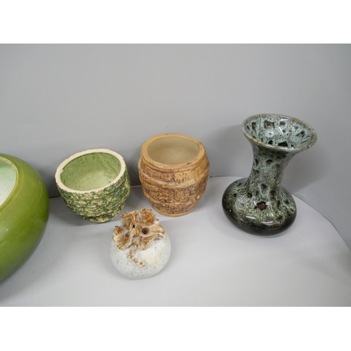 672 - A pair of German ceramic goblets, a stoneware green bowl, a Foster's pottery vase, a Kingston potter... 