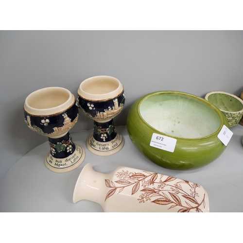 672 - A pair of German ceramic goblets, a stoneware green bowl, a Foster's pottery vase, a Kingston potter... 