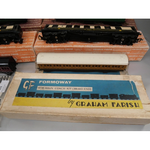 673 - Four Graham Farish OO-gauge model rail carriages, a/f, boxed, and other accessories