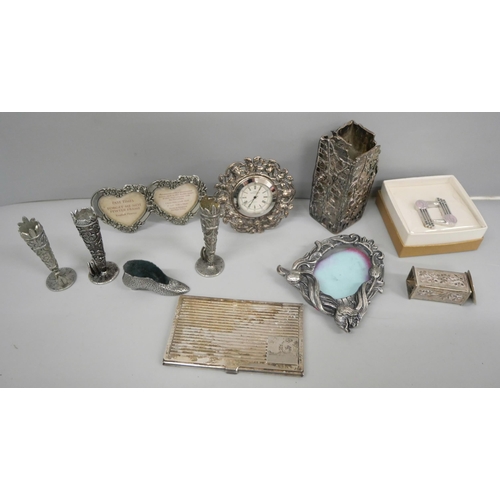 674 - Silver plated and silver tone items, clock, photograph frames, etc.