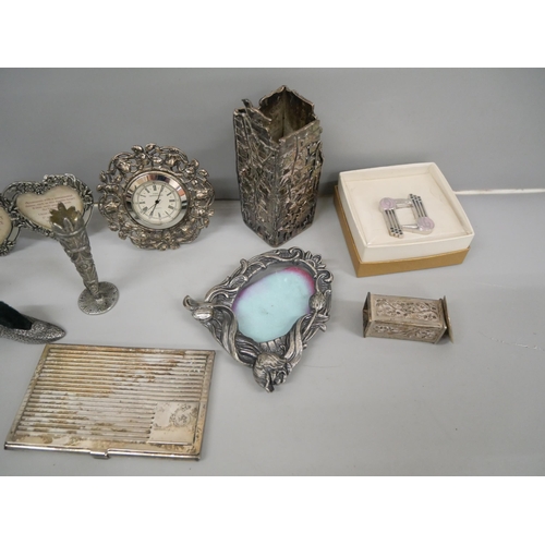 674 - Silver plated and silver tone items, clock, photograph frames, etc.