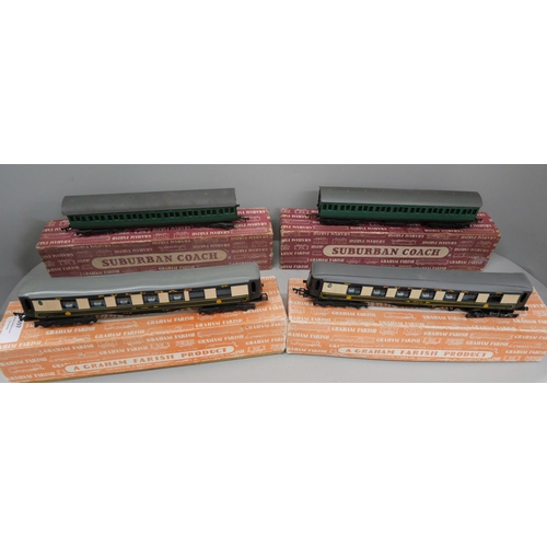 697 - Four Graham Farish OO gauge model rail carriages, a/f