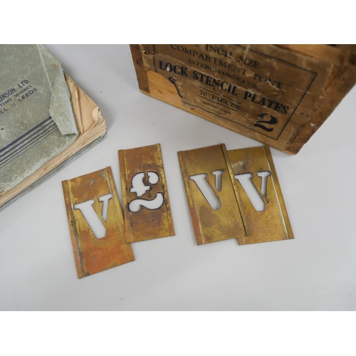 699 - A metal printers stencil set (alphabet and numerical) in wooden box, 1970s, a printers 'Type Specime... 