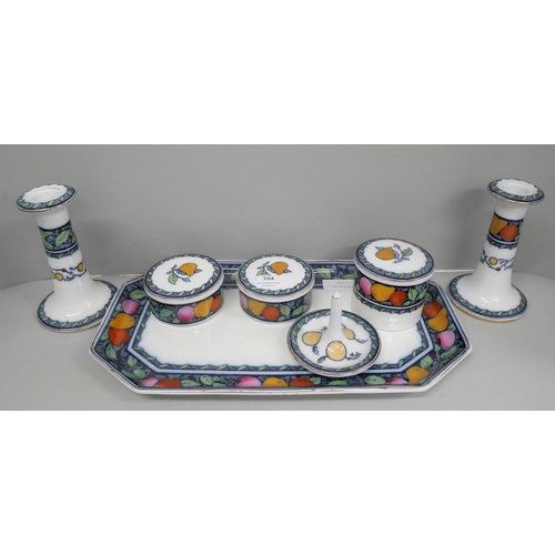 704 - A Lansdown dressing table set comprising tray, two candle sticks, ring holder, two medium lidded jar... 