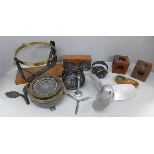 722 - A Smiths RC83 rev counter, binnacle compass on stand, aircraft speedometer, Brannan weather station,... 