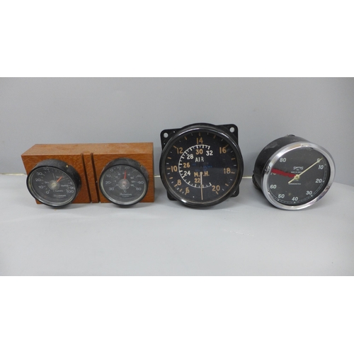 722 - A Smiths RC83 rev counter, binnacle compass on stand, aircraft speedometer, Brannan weather station,... 