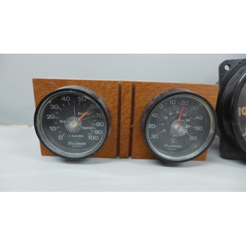 722 - A Smiths RC83 rev counter, binnacle compass on stand, aircraft speedometer, Brannan weather station,... 