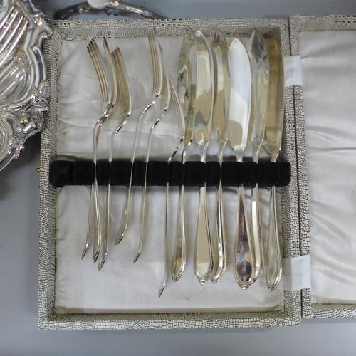 723 - A collection of plated flatware, a plated tray and a plated dish