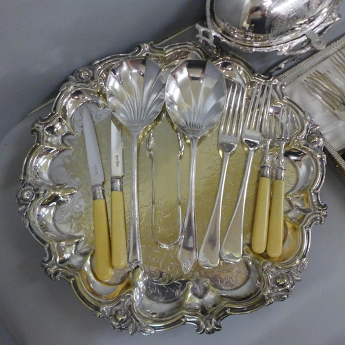 723 - A collection of plated flatware, a plated tray and a plated dish