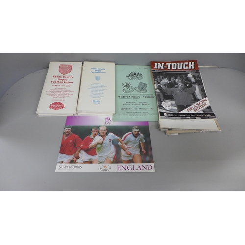 724 - A box of rugby ephemera, mainly Rugby Union but includes 1957 match programme for Hull v Leeds Rugby... 