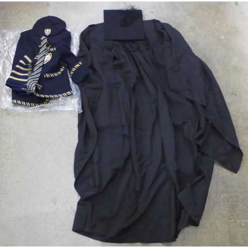 726 - A child's mid 20th Century Public school jacket, scarf, tie and cap, a University gown and mortar bo... 