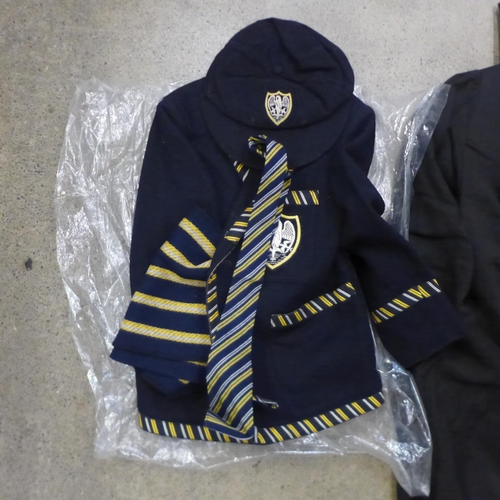 726 - A child's mid 20th Century Public school jacket, scarf, tie and cap, a University gown and mortar bo... 