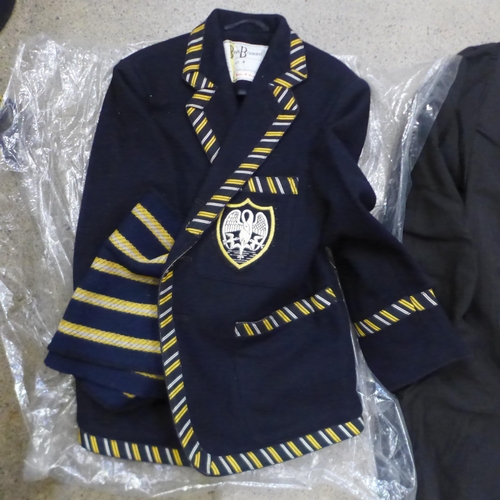 726 - A child's mid 20th Century Public school jacket, scarf, tie and cap, a University gown and mortar bo... 