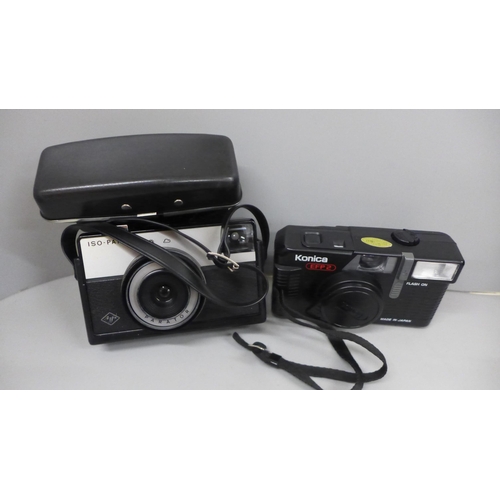 727 - A box of cameras, video camera, Russian binoculars and tripod