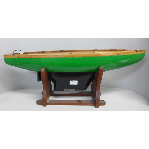 751 - A hand built twenty six inch wooden open water yacht with wood display stand