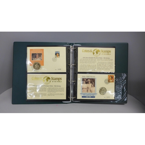 764 - Five albums with Royal Commemorative coin covers and stamp covers and a collection of Royalty poster... 