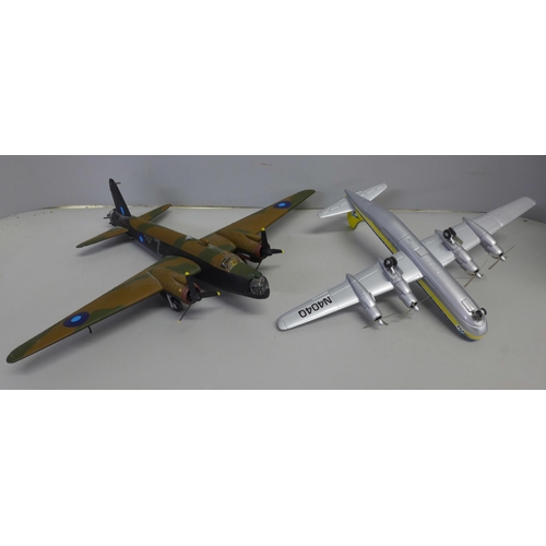 783 - A model Boeing PT-17 Stearman bi-plane, a 70th anniversary Lancaster bomber display, two Corgi aircr... 