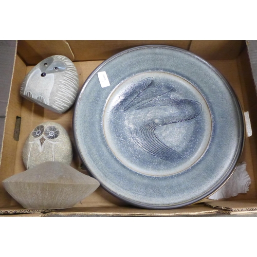 794 - A box of studio pottery; two chargers, stone owl and hedgehog and vase **PLEASE NOTE THIS LOT IS NOT... 