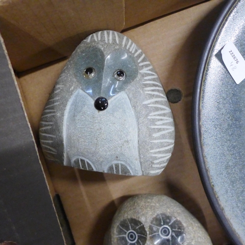 794 - A box of studio pottery; two chargers, stone owl and hedgehog and vase **PLEASE NOTE THIS LOT IS NOT... 